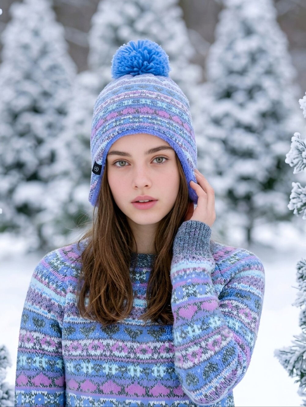 Cuddl Duds ✦ Girls Plushfill Knit Hat ✦ Blue Pink Pom Fleece-Lined Winter Beanie
